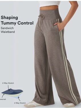 High-Waist Wide Leg Knit Pants with Side Stripes - Taupe